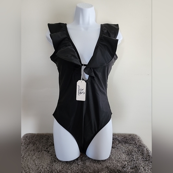 M Nwt Medium Black Ruffled One-piece Swimsuit - Picture 4 of 9